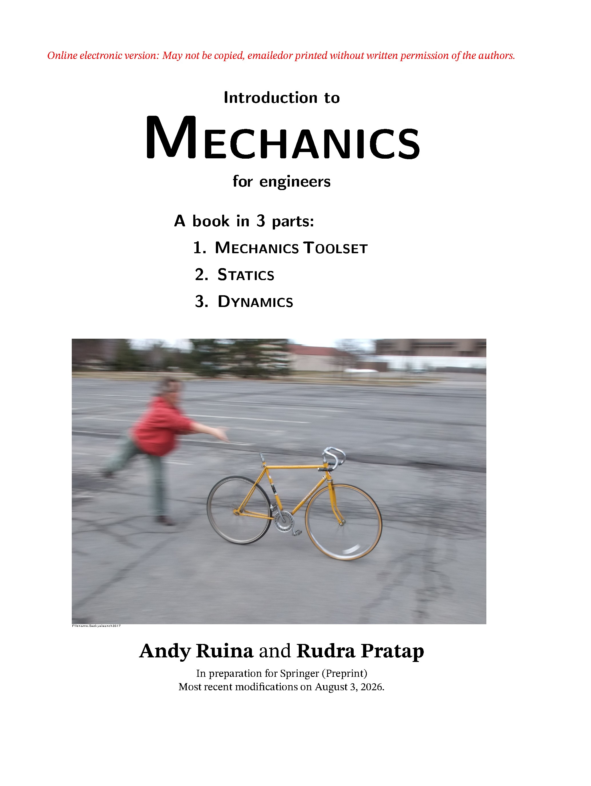Cover: Introduction to Mechanics for Engineers by Andy Ruina and Rudra Pratap